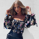 Top corto fruncido con mangas obispo y hombros descubiertos con estampado vintage - Floral